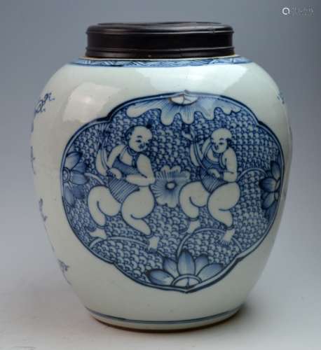 Chinese Blue and White Porcelain Jar w/ Wood Cover