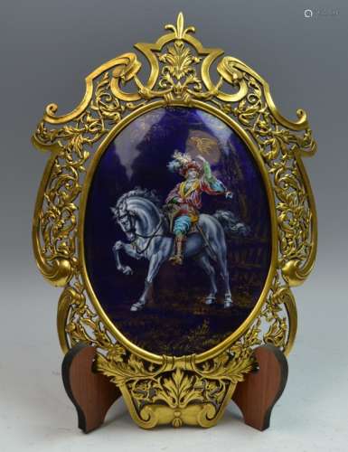 French 19thC Limoges Enamel Plaque w/ Bronze Frame