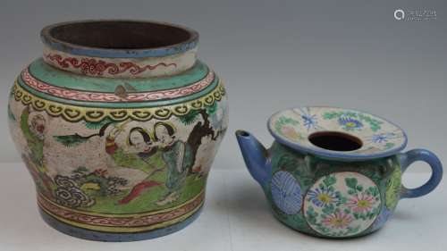 Two Chinese Yixing Painted Porcelain Items
