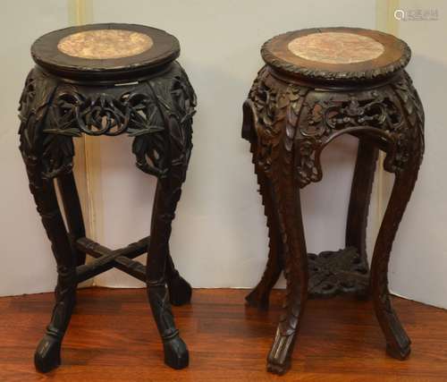 Pair of Chinese Wood Table with Marble on Top