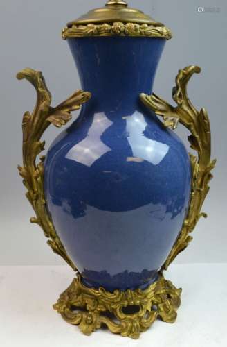 Single Blue Glazed Porcelain Vase Lamp with Bronze