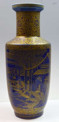 Chinese Blue Glazed Gold Gilt Porcelain Vase