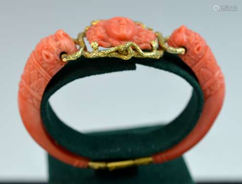 Victoria 18 K Gold & Coral Carved Bracelet