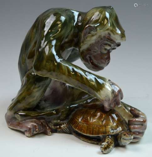 One Porcelain Figure of Monkey Playing w/ Turtle