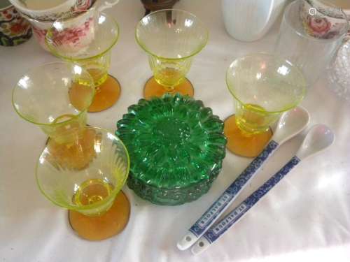 Set of Spoons, green glass box and Cups