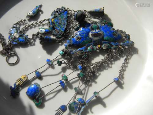 Antique Chinese Enamel Silver Butterfly Chain