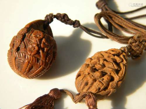 Pair of Antique Chinese Carved Nut Pendants