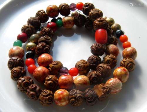Antique Chinese Carved Wood Bead Necklace