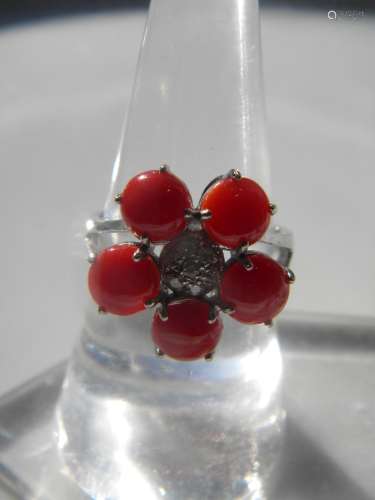 Natural Red Coral Flower Ring