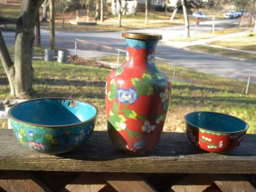 Three Antique Chinese Cloisonne Vase and Bowls