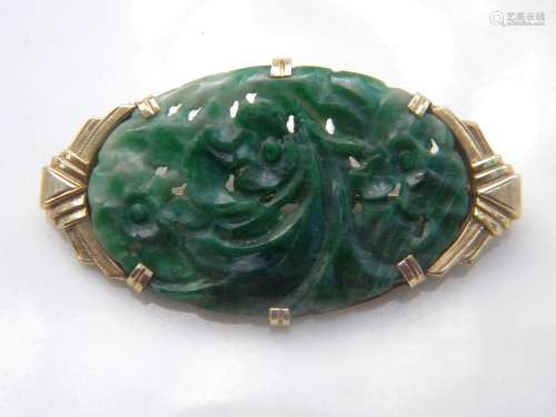 10K Gold Natural Green Jadeite Flower Brooch Pin