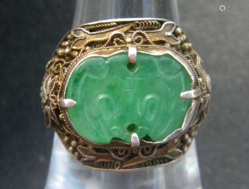 Antique Chinese Silver Filigree Green Bat Jadeite Ring