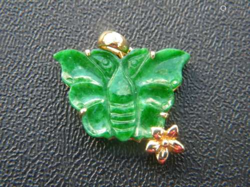 14K Gold Natural Green Jadeite Butterfly Pendant