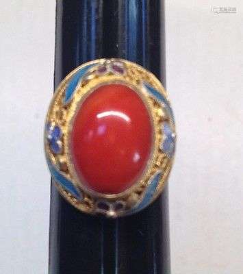 Antique Chinese Natural Red Coral Filigree Enamel Ring