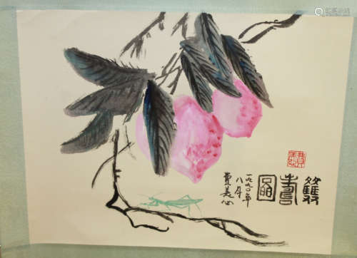 Chinese hand painted scroll of fruit on branch