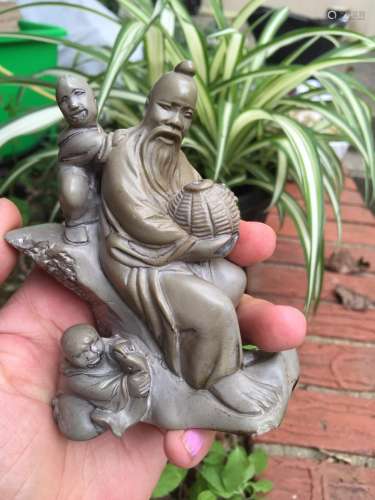 Vintage Chinese Natural Stone Statue Fisherman and Boys