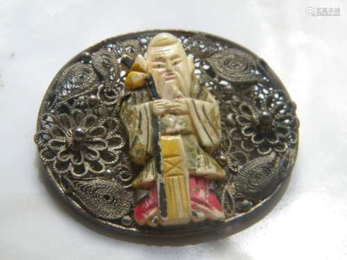 Antique Chinese Silver Filigree Longevity God Pin