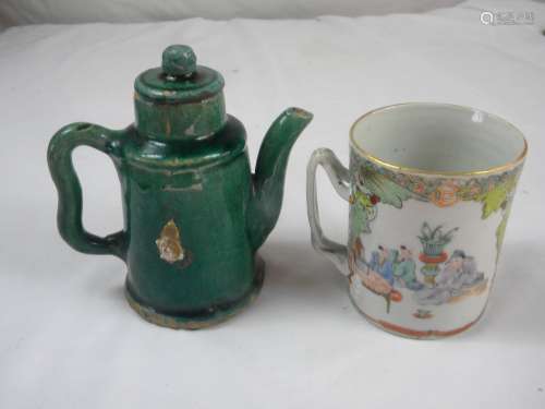Pair of Antique Chinese Green Pot and Tea Cup