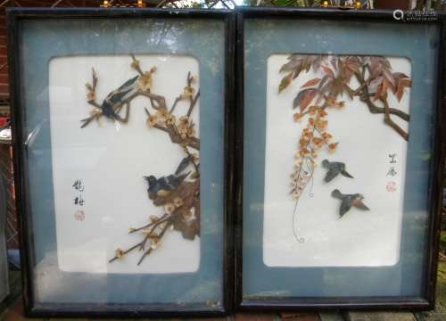 Pair of Vintage Chinese Bird and Flower Framed