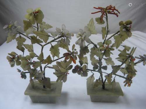 Pair of Antique Chinese Jade and Coral Flower Planter