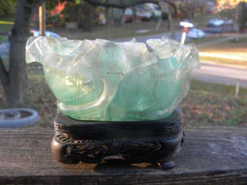 Antique Chinese Green Crystal Brush Washer with Stand