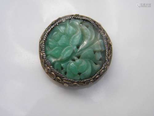 Antique Chinese Silver Filigree Green Jadeite Brooch