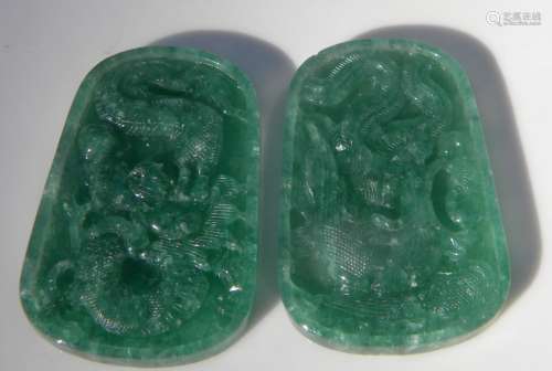 Pair of Natural Green Jadeite Phoenix Dragon Pendants