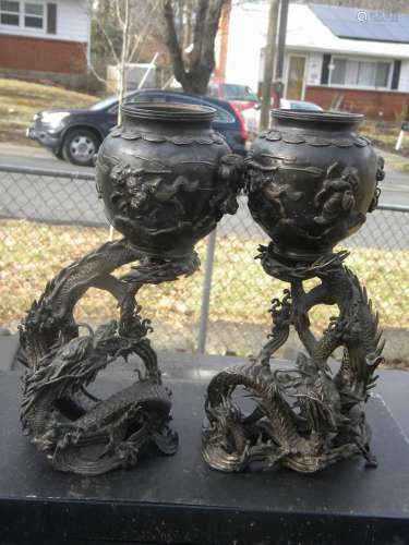 Pair of Antique Bronze Dragon Incense Burners