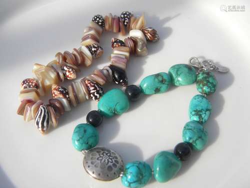 Two Turquoise Bracelet with Sterling Bead and Shell