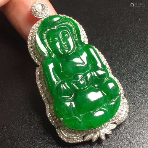 18K Gold Diamond Green Jadeite Guanyin Pendant