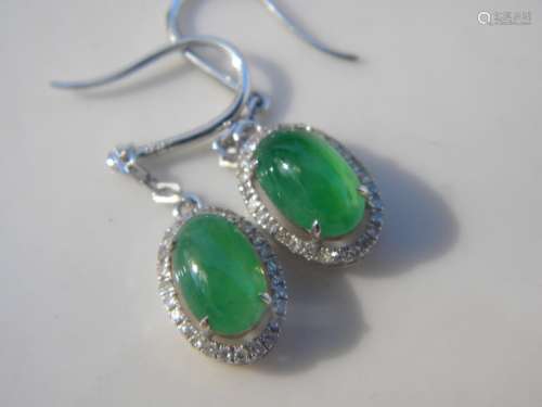Pair of 18K Gold Diamond Natural Green Jadeite Earrings