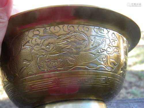 Antique Chinese Copper Dragon and Pheonix Bowl Marked