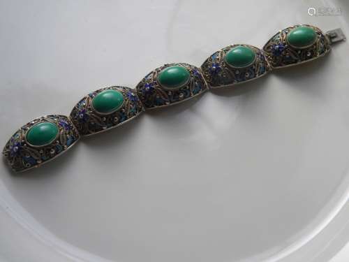 Antique Chinese Silver Filigree Turquoise Bracelet
