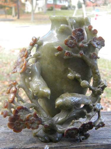 Antique Chinese Yellow Jade Carved Bird and Flower Vase