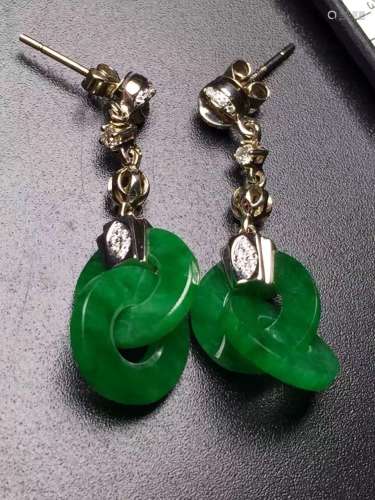 Pair of 18K Gold Natural Green Jadeite Earrings