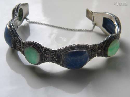 Antique Chinese Silver Filigree Jadeite Lapis Bracelet