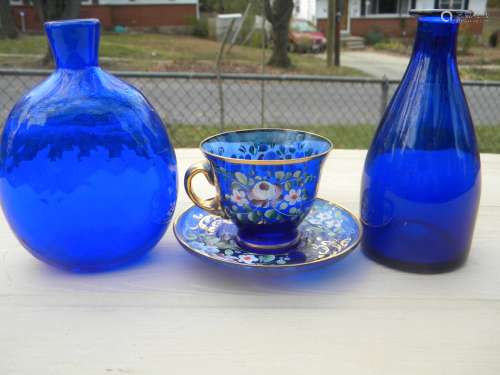 Three Antique Blue Glass Vases and Tea Cups