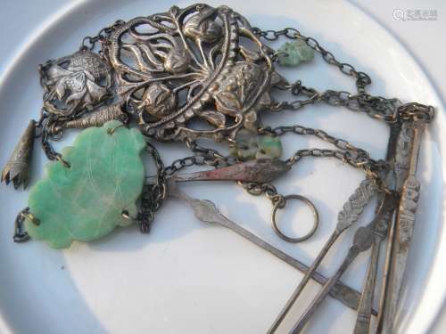 Antique Chinese Silver Jadeite Pendant