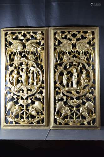 Pair of Chinese Wood Carved Plaque, Open Work