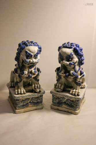 Pair of Chinese Blue/White Porcelain Foo Dog