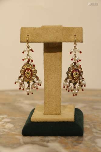 19th C. Mughal Style Indian Earrings, 24K Gold & R