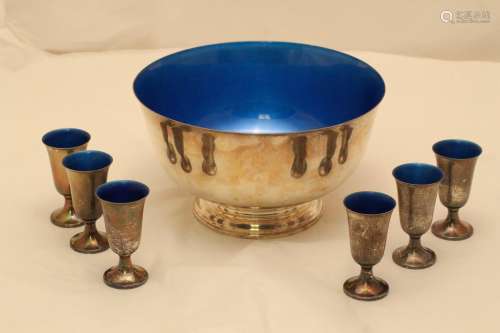 7 Pieces of Sterling Silver Blue Enamel Bowl&Cups