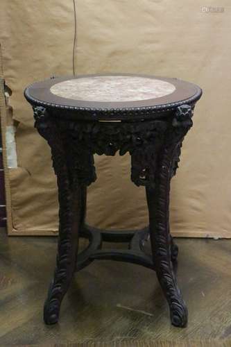 Chinese Small Low Table Carved w/ Marble Top