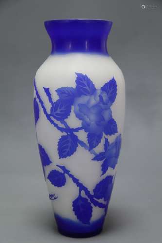 Chinese Blue Overlay Glass Vase, Signed