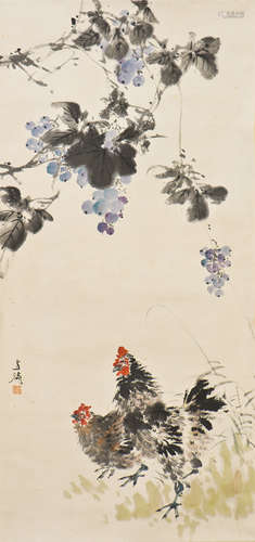 A CHINESE SCROLL PAINTING OF ROOSTER MOTIF, AFTER WANG XUETAO