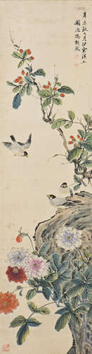 A CHINESE SCROLL PAINTING OF FLORAL AND AVIAN MOTIF, AFTER FENG CHAORAN