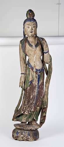 A CHINESE CARVED WOODEN FIGURE OF BODHISATTVA