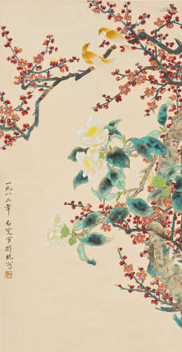 A CHINESE SCROLL PAINTING OF FLORAL MOTIF, AFTER  DENG BAI