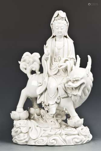 BLANC DE CHINE STATUE OF GUANYIN RIDING QILIN