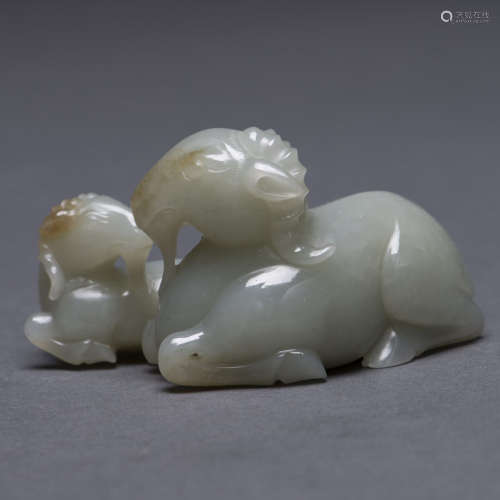 CARVED JADE GOAT MOTHER AND SON